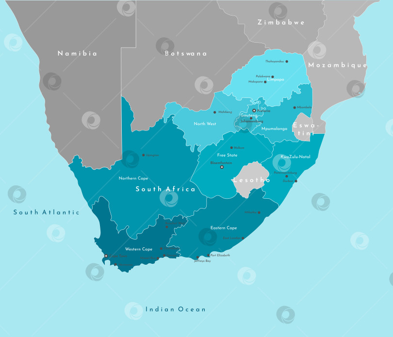 Скачать Векторная современная иллюстрация. Упрощенная географическая карта Южно-Африканской Республики и границ с соседними странами. Синий фон Индийского океана. Названия городов и провинций Южной Африки фотосток Ozero