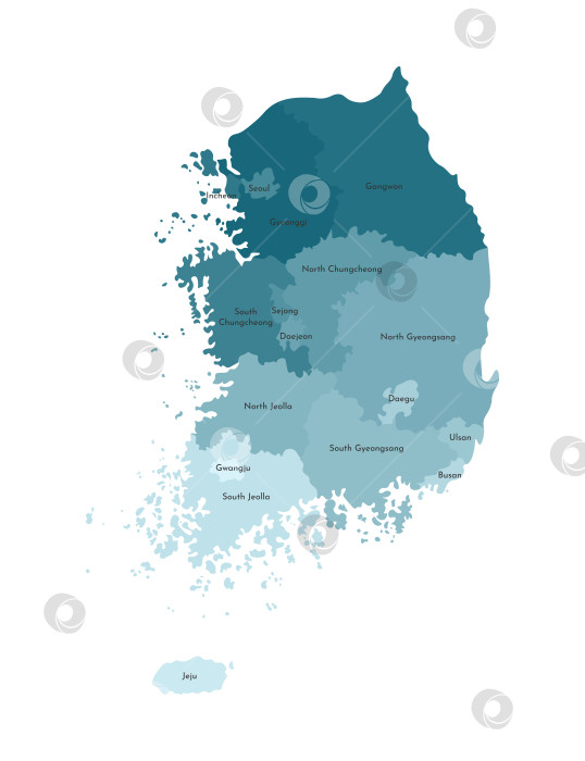 Скачать Векторная изолированная иллюстрация упрощенной административной карты Южной Кореи, Республики Корея. Границы и названия провинций, регионов. Синие силуэты фотосток Ozero
