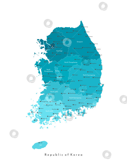 Скачать Векторная современная изолированная иллюстрация. Упрощенная географическая карта Южной Кореи, Республики Корея. Синяя градиентная форма, белый фон. Названия корейских городов и провинций фотосток Ozero