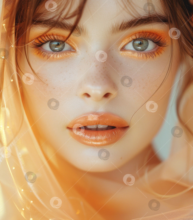 Скачать Крупный план портрета молодой женщины с голубыми глазами и модным персиковым макияжем фотосток Ozero