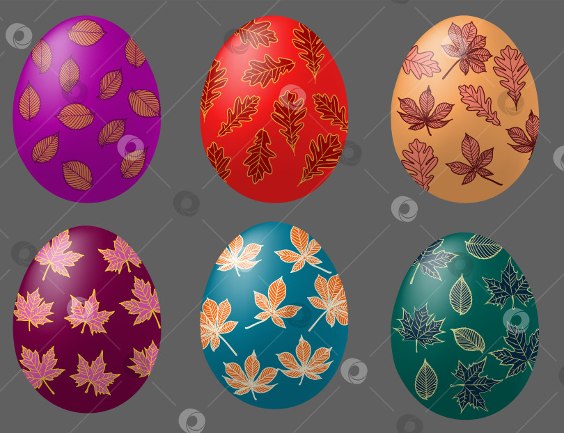 Скачать Векторная иллюстрация коллекции пасхальных яиц с листьями на заднем плане фотосток Ozero