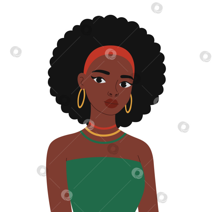 Скачать Портрет красивой афроамериканки. Чернокожая девушка в этнических украшениях. Векторная плоская иллюстрация, изолированная на белом фоне фотосток Ozero
