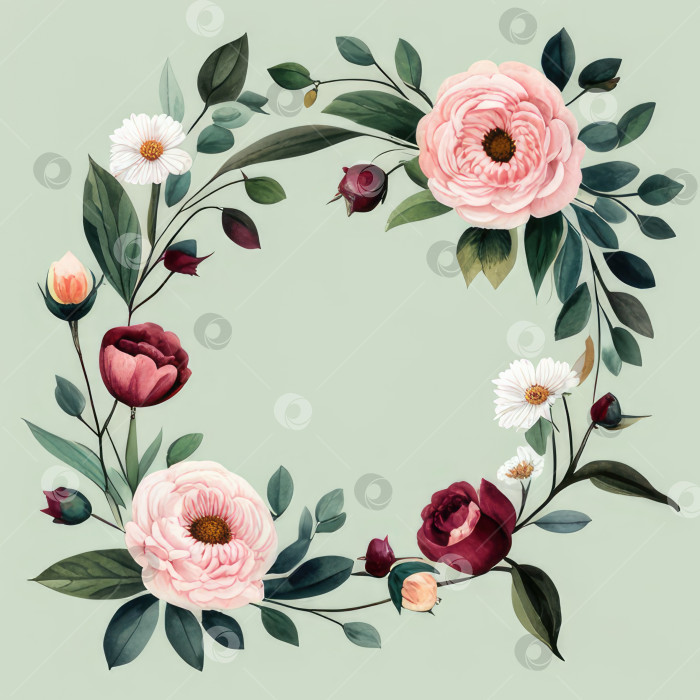 Скачать цветочный дизайн с розовыми и белыми цветами и зелеными листьями фотосток Ozero
