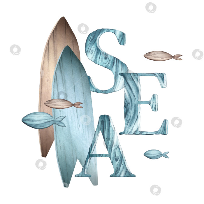 Скачать Надпись "Море" с ретро-досками для серфинга и рыбками. Изделия из дерева. Коряги. Отпуск. Акварельная иллюстрация для оформления фона, плаката фотосток Ozero