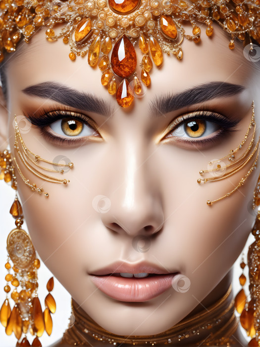 Скачать портрет женщины с янтарными глазами, носящей янтарные украшения фотосток Ozero