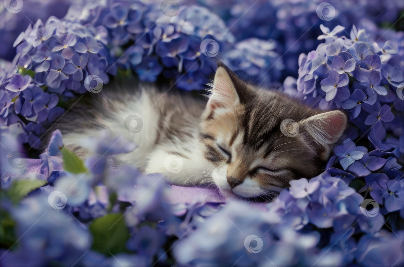 Скачать Пушистый котенок спит на подушке с цветами и растениями фотосток Ozero