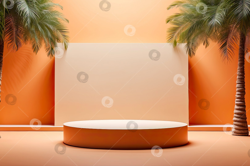 Скачать Пустой подиум для демонстрации и инсталляции продукта на оранжевом фоне с пальмами, тропическими растениями и солнечным светом, на тему отдыха и путешествий в тропики, лета, пляжного курорта. Искусственный интеллект сгенерирован фотосток Ozero