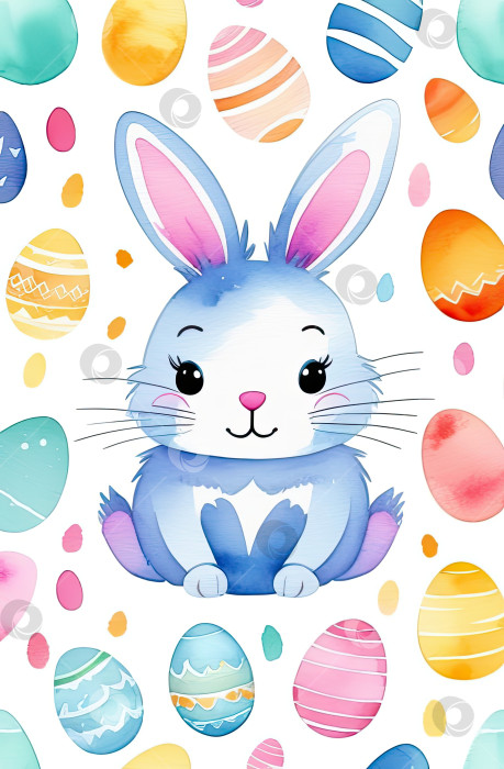 Скачать Милый акварельный пасхальный кролик с корзинкой яиц и весенними цветами - это иллюстрация детского персонажа на белом фоне, традиционная праздничная открытка. Сгенерированная искусственным интеллектом фотосток Ozero