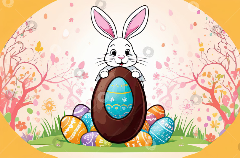 Скачать Милый пасхальный кролик с корзинкой шоколадных яиц и весенними цветами - это иллюстрация детского персонажа, традиционная праздничная открытка на цветном фоне. Сгенерированная искусственным интеллектом фотосток Ozero
