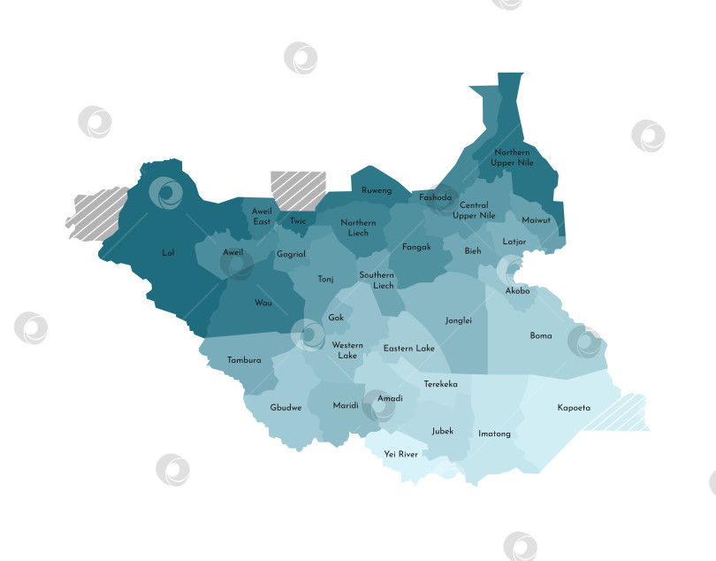 Скачать Векторная изолированная иллюстрация упрощенной административной карты Южного Судана. Границы и названия штатов, регионов. Красочные силуэты синего цвета хаки. фотосток Ozero