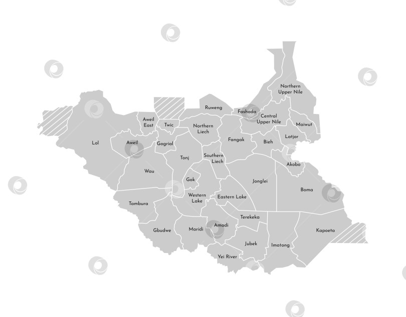 Скачать Векторная изолированная иллюстрация упрощенной административной карты Южного Судана. Границы и названия штатов, регионов. Серые силуэты. Белый контур фотосток Ozero