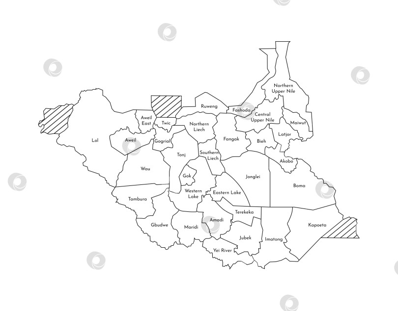 Скачать Векторная изолированная иллюстрация упрощенной административной карты Южного Судана. Границы и названия штатов, регионов. Силуэты черных линий. фотосток Ozero