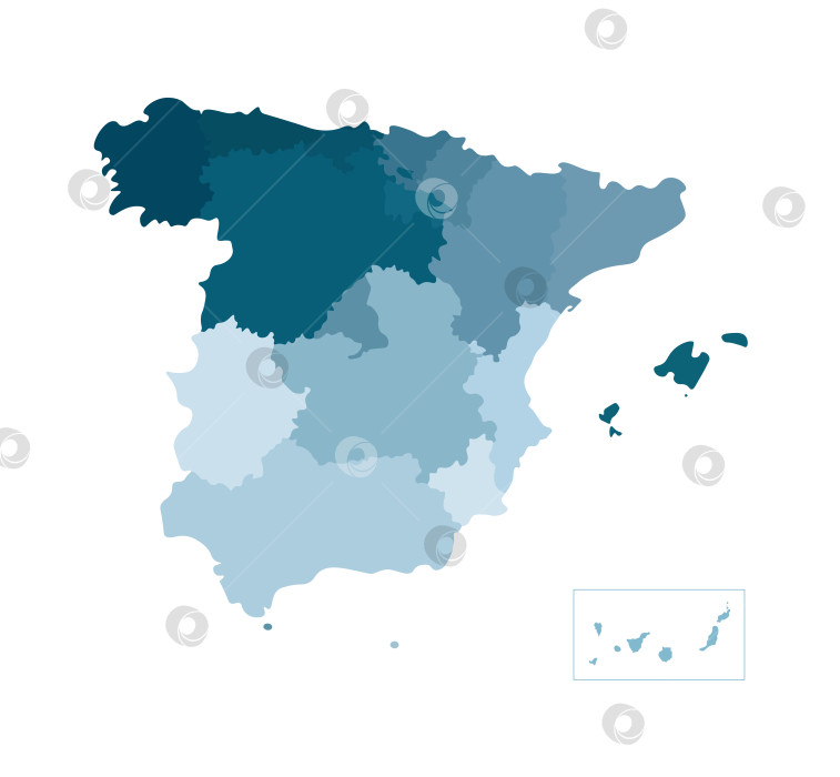 Скачать Векторная изолированная иллюстрация упрощенной административной карты Испании. Границы графств. Синие силуэты. Белый фон фотосток Ozero
