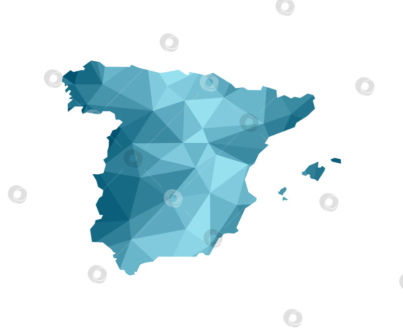 Скачать Значок векторной изолированной иллюстрации с упрощенным синим силуэтом карты Королевства Испания. Полигональный геометрический стиль, треугольные формы. Белый фон. фотосток Ozero