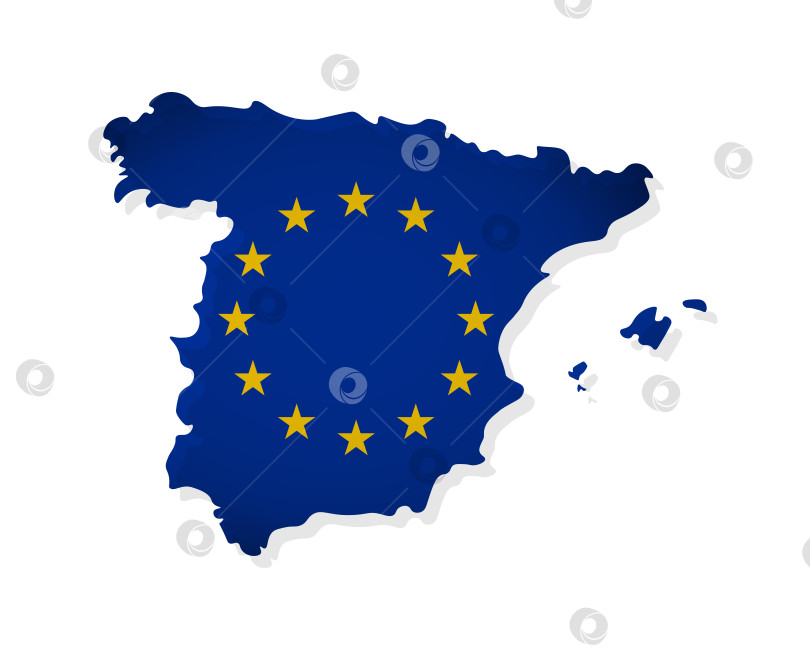 Скачать Векторная иллюстрация с изолированной картой члена Европейского союза - Испании. Концепция, украшенная флагом ЕС с желтыми звездами фотосток Ozero