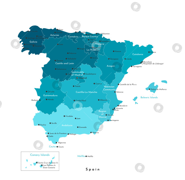 Скачать Векторная изолированная иллюстрация. Упрощенная административная карта Испании, включающая Балеарские, Канарские острова, Мелилью, Сеуту. Белый фон. Названия испанских городов и автономных сообществ фотосток Ozero