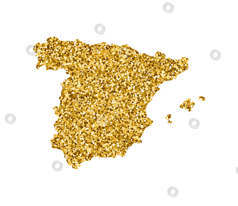 Скачать Векторная изолированная иллюстрация с упрощенной картой Испании. Украшена блестящей текстурой золотого блеска. Украшение рождественских и новогодних праздников для поздравительной открытки. фотосток Ozero