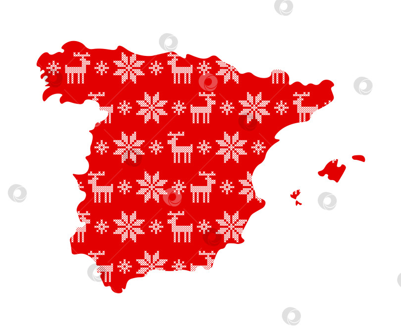 Скачать Векторная изолированная иллюстрация к празднику Нового года и Рождества. Упрощенная карта Испании. Красный узор украшен белыми вышитыми крестиком снежинками и северными оленями. фотосток Ozero