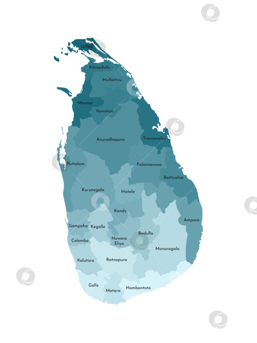 Скачать Векторная изолированная иллюстрация упрощенной административной карты Шри-Ланки. Границы и названия регионов. Красочные силуэты синего цвета хаки фотосток Ozero