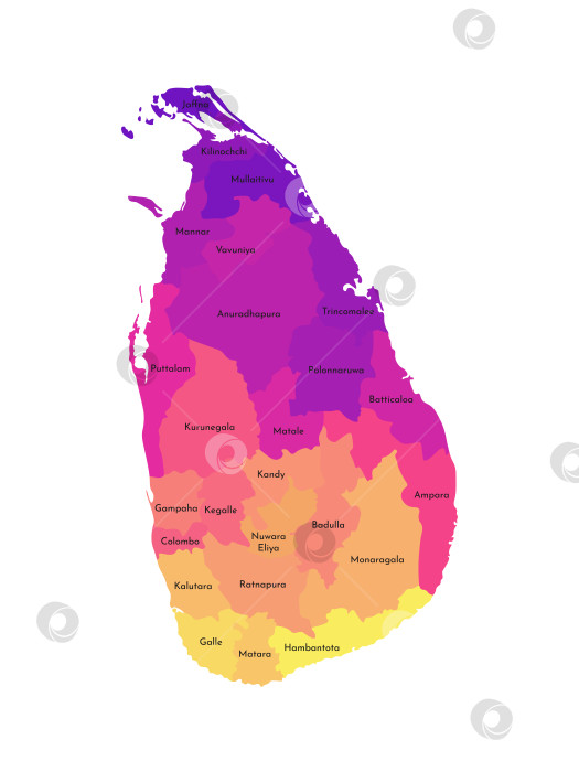 Скачать Векторная изолированная иллюстрация упрощенной административной карты Шри-Ланки. Границы и названия регионов. Разноцветные силуэты. фотосток Ozero