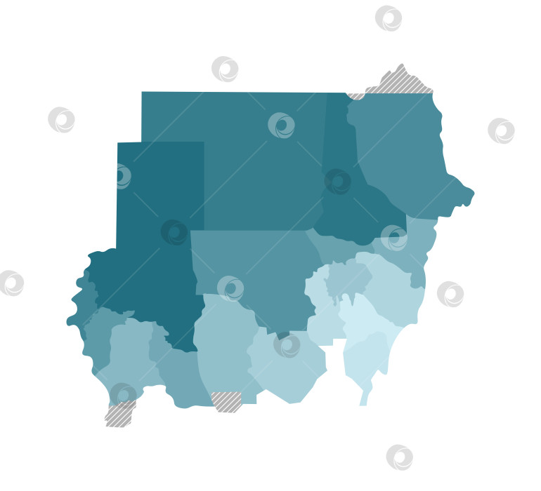 Скачать Векторная изолированная иллюстрация упрощенной административной карты Судана. Границы регионов. Красочные силуэты синего цвета хаки. фотосток Ozero