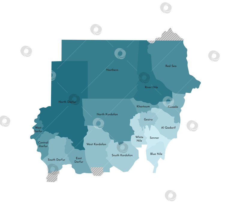 Скачать Векторная изолированная иллюстрация упрощенной административной карты Судана. Границы и названия регионов. Красочные силуэты синего цвета хаки фотосток Ozero