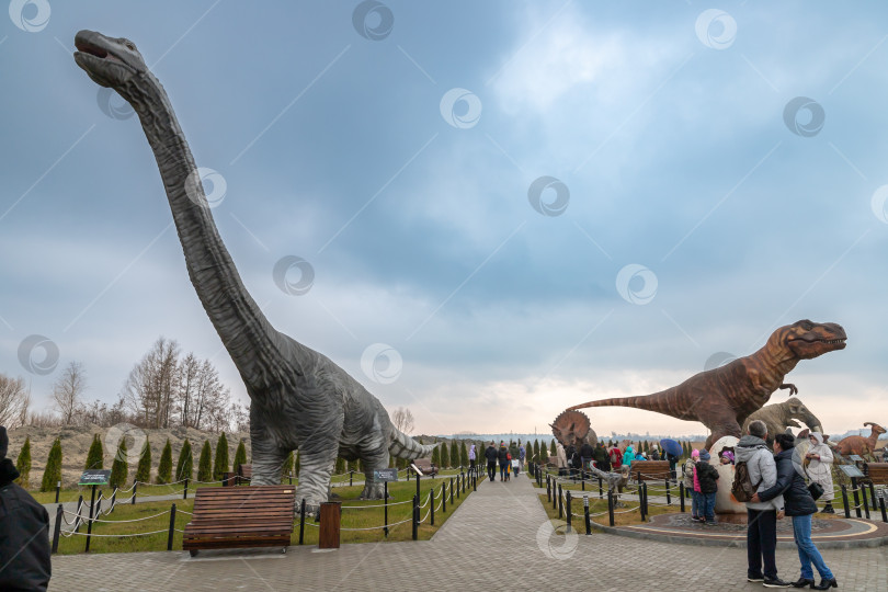 Скачать Фигуры диплодока и тиранозавра в Динопарке Янтарного фотосток Ozero