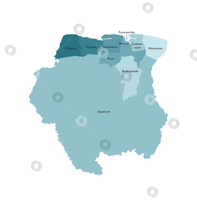 Скачать Векторная изолированная иллюстрация упрощенной административной карты Суринама. Границы и названия округов, областей. Красочные силуэты синего цвета хаки фотосток Ozero