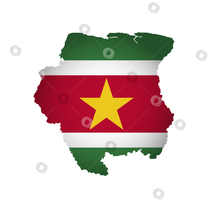 Скачать Векторная изолированная иллюстрация с национальным флагом и упрощенной формой карты Суринама. Объемная тень на карте. Белый фон фотосток Ozero