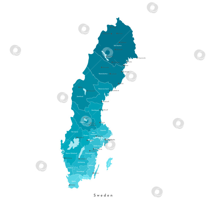 Скачать Векторная изолированная иллюстрация. Упрощенная административная карта Швеции. Синие очертания регионов. Названия шведских городов Мальме, Гетеборг и провинций фотосток Ozero