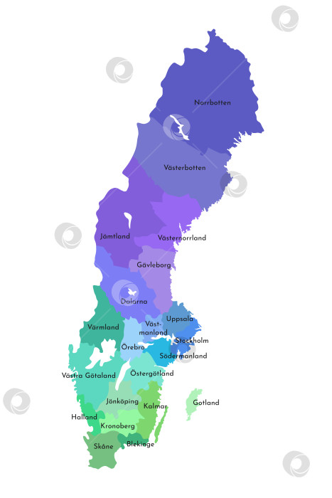 Скачать Векторная изолированная иллюстрация упрощенной административной карты Швеции. Границы и названия регионов. Разноцветные силуэты. фотосток Ozero