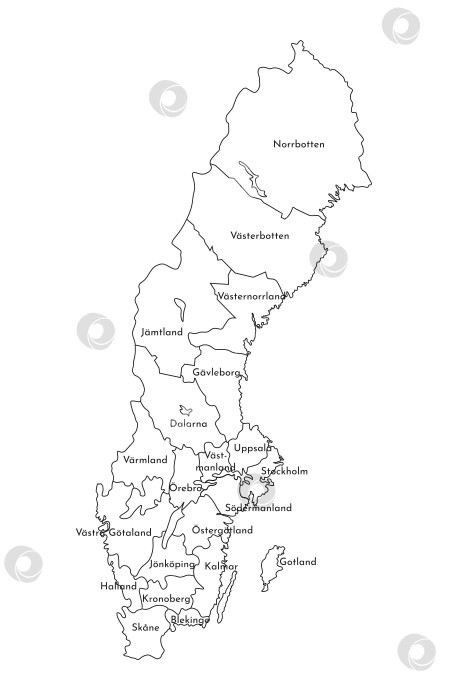 Скачать Векторная изолированная иллюстрация упрощенной административной карты Швеции. Границы и названия округов. Силуэты черных линий. фотосток Ozero