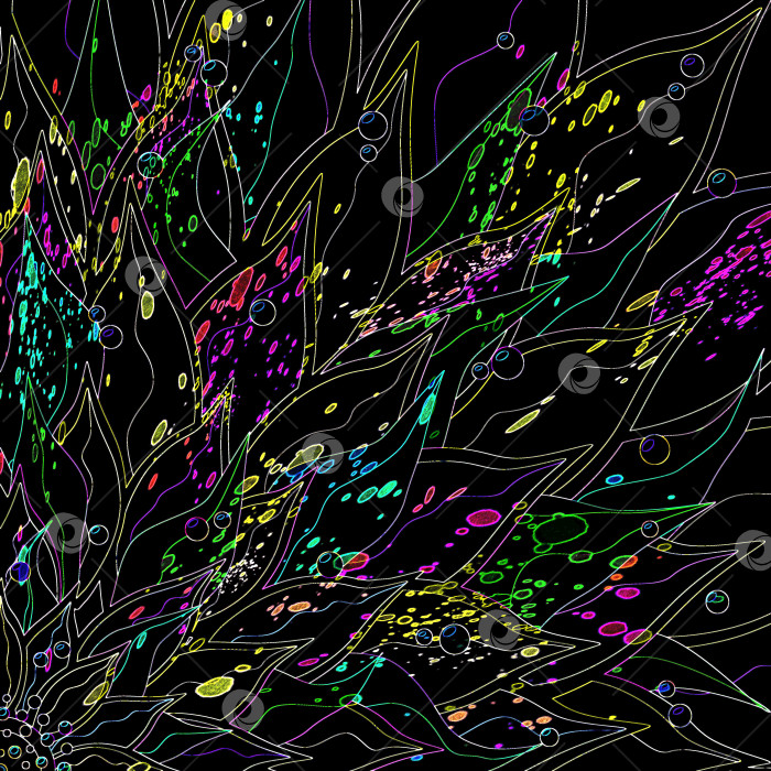 Скачать Контурные разноцветные линии цветочных лепестков и брызг на черном фоне. Пышный красочный цветок. Абстрактная цветочная текстура. Иллюстрация. фотосток Ozero