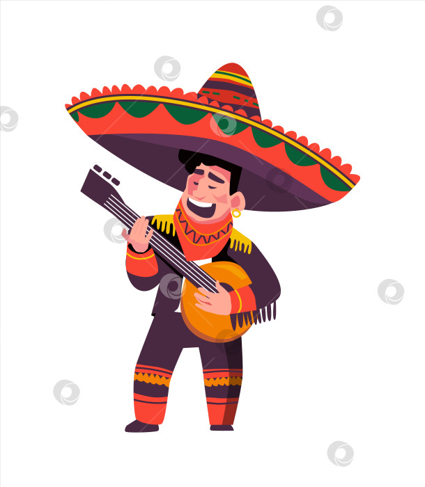 Скачать Мариачи. Выразительный мексиканский музыкант с банджо в традиционном сомбреро. Векторная иллюстрация, выделенная на белом фоне. фотосток Ozero