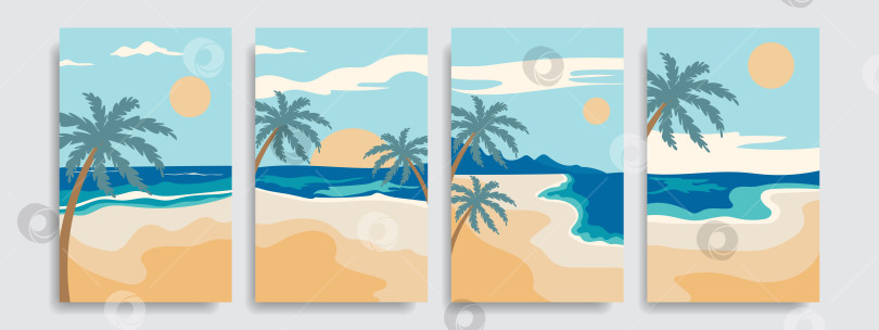 Скачать Летний пляжный пейзаж. Красивые пейзажи песчаных пляжей с пальмами, моря с волнами. фотосток Ozero
