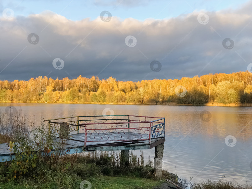 Скачать Старый деревянный пирс над тихой озерной водой с желтеющими осенними лесными деревьями на горизонте фотосток Ozero