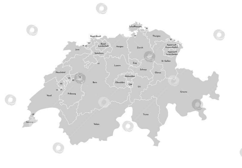 Скачать Векторная изолированная иллюстрация упрощенной административной карты Швейцарии. Границы и названия провинций, регионов. Серые силуэты. Белый контур фотосток Ozero