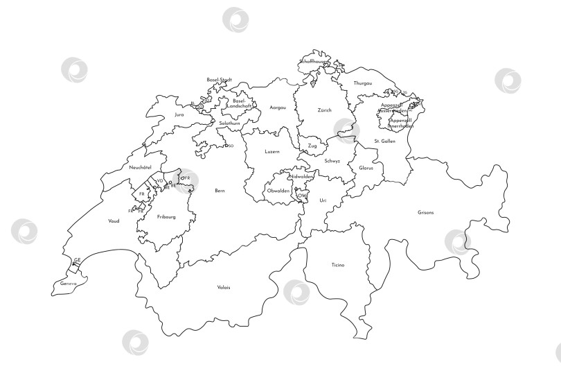 Скачать Векторная изолированная иллюстрация упрощенной административной карты Швейцарии. Границы и названия регионов. Силуэты черных линий. фотосток Ozero