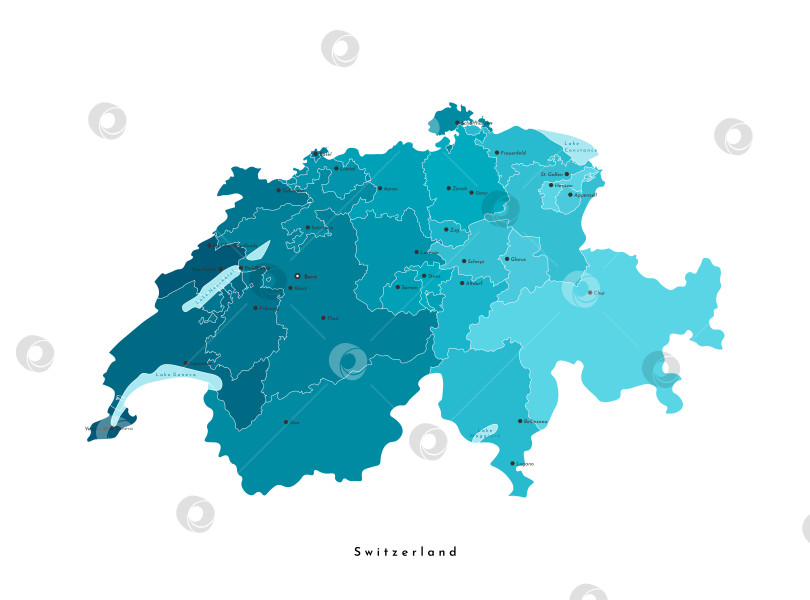 Скачать Векторная современная изолированная иллюстрация. Упрощенная административная синяя карта Швейцарии. Светло-голубые очертания озер. Названия швейцарских городов и регионов, кантонов. Белый фон. фотосток Ozero