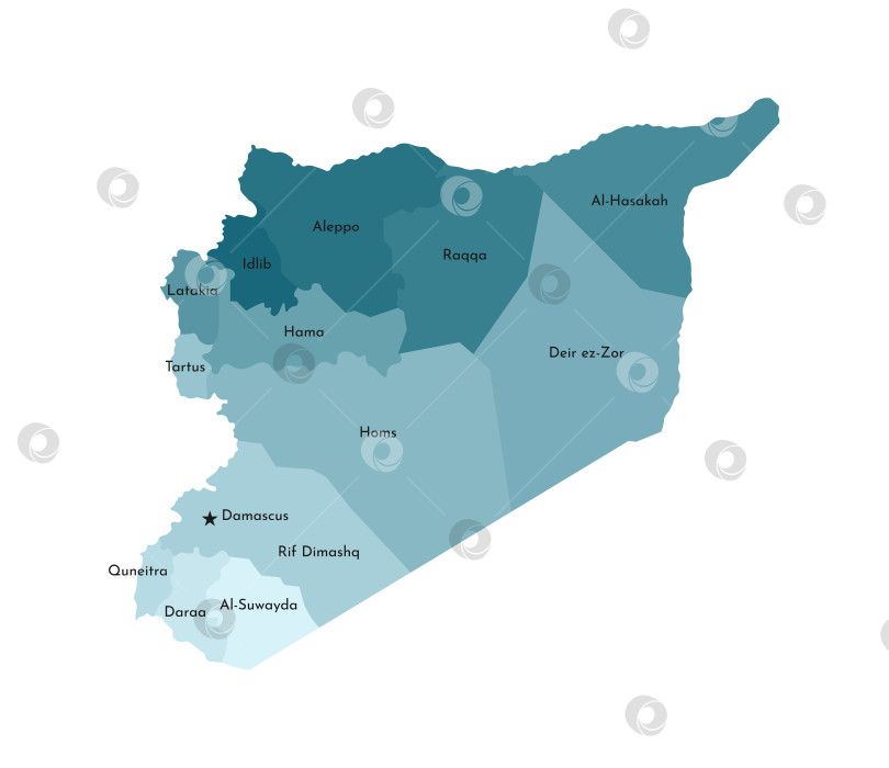 Скачать Векторная изолированная иллюстрация упрощенной административной карты Сирии. Границы и названия регионов. Красочные силуэты синего цвета хаки фотосток Ozero
