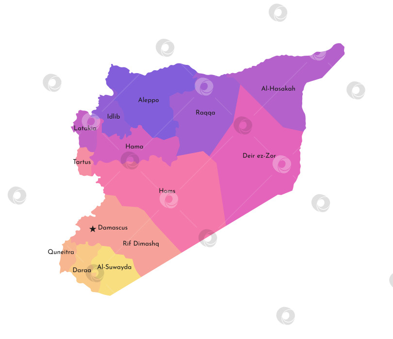 Скачать Векторная изолированная иллюстрация упрощенной административной карты Сирии. Границы и названия регионов. Разноцветные силуэты. фотосток Ozero