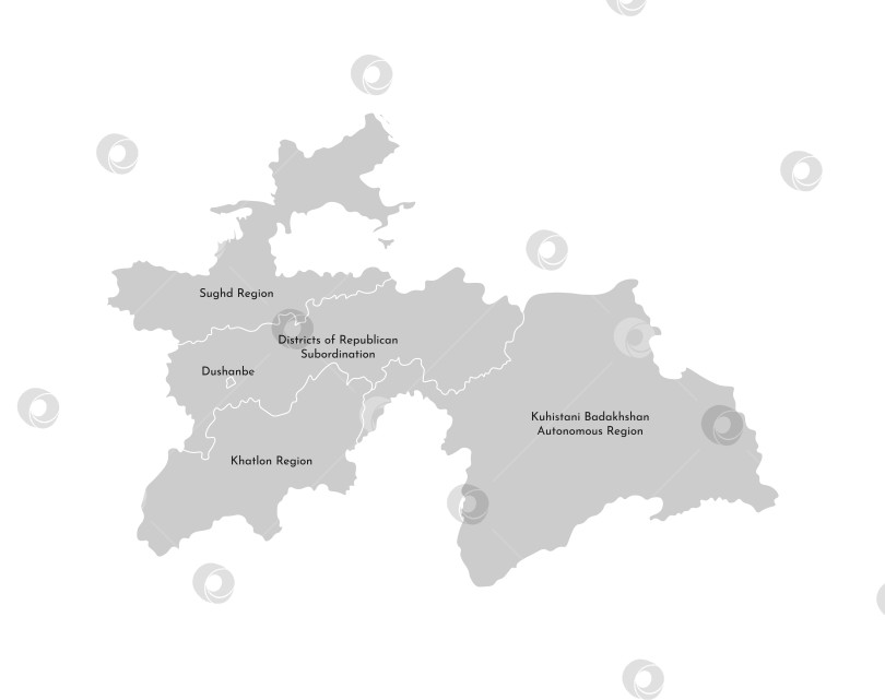Скачать Векторная изолированная иллюстрация упрощенной административной карты Таджикистана. Границы и названия провинций, регионов. Серые силуэты. Белый контур фотосток Ozero