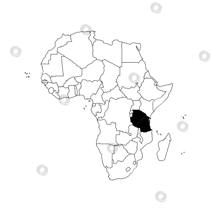 Скачать Векторная изолированная иллюстрация с изображением Африканского континента с границами всех государств. Политическая карта Танзании с черным контуром. Белый фон. фотосток Ozero