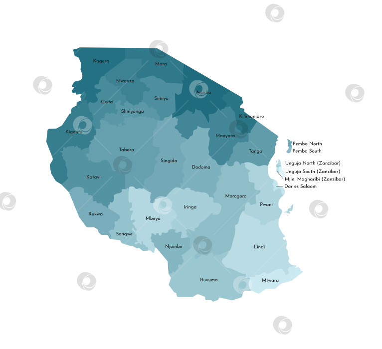 Скачать Векторная изолированная иллюстрация упрощенной административной карты Танзании. Границы и названия регионов. Красочные силуэты синего цвета хаки фотосток Ozero