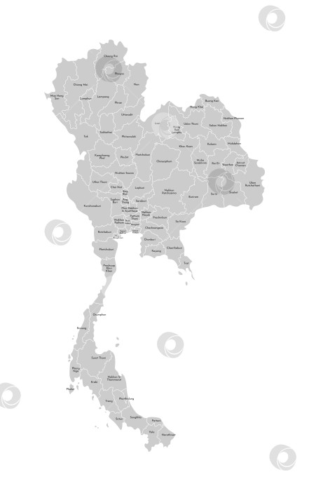 Скачать Векторная изолированная иллюстрация упрощенной административной карты Таиланда. Границы и названия провинций, регионов. Серые силуэты. Белый контур. фотосток Ozero