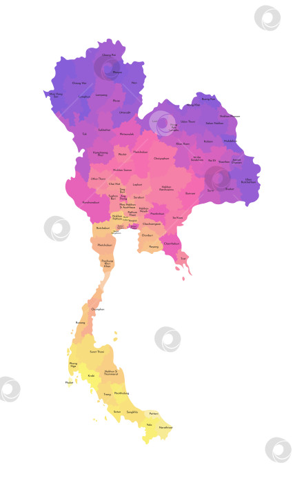 Скачать Векторная изолированная иллюстрация упрощенной административной карты Таиланда. Границы и названия регионов. Разноцветные силуэты. фотосток Ozero