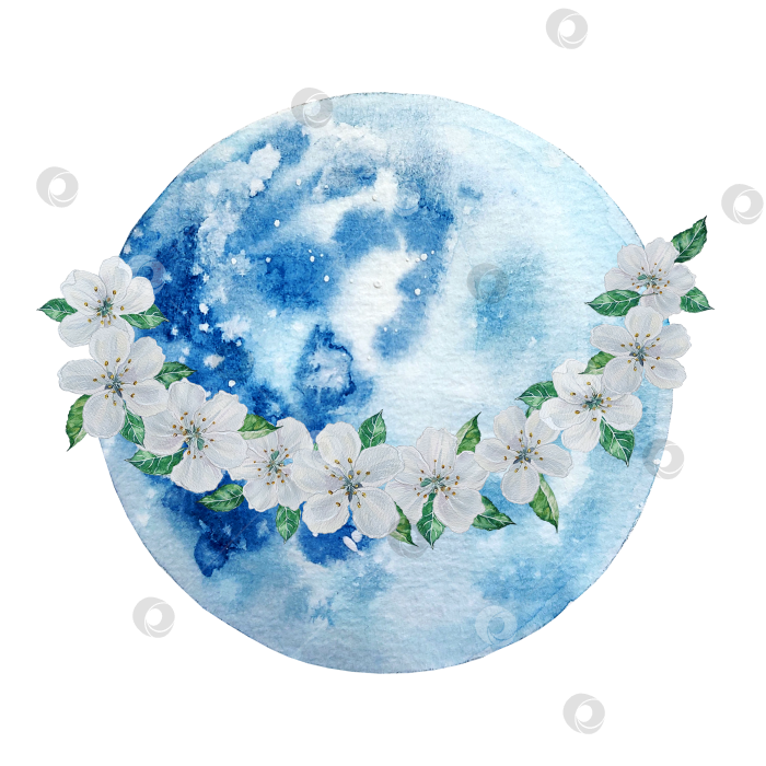 Скачать Голубая планета с цветочным венком. Акварельная иллюстрация. фотосток Ozero