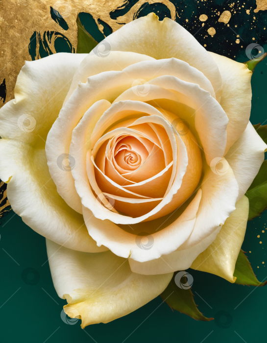 Скачать Бледно=желтая роза на бирюзовом фоне с золотом. Нейросетевая генерация. фотосток Ozero