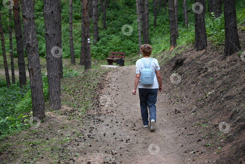 Скачать женщина-путешественница с рюкзаком, смотрящая на удивительный лес, концепция путешествия с жаждой странствий, пространство для текста, атмосферный эпический момент фотосток Ozero
