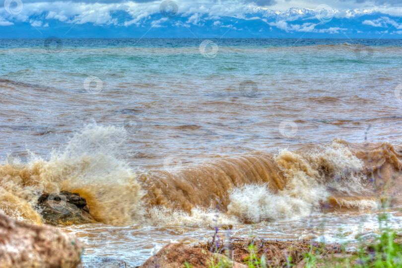 Скачать Штормовые волны на озере Иссык-Куль, грязная, но красивая вода. выборочный фокус. фотосток Ozero